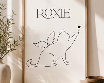Personalised Pet One Line Print | Cat Angel Wings Wall Art | Custom Pet Loss Gift | Minimalist Cat Line Art | Printable Digital Download