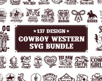 May include: A collection of 137 cowboy and western-themed SVG designs in black and white. The designs include cowboy boots, hats, horses, cacti, and text such as "Yeehaw" and "Cowgirl". The bundle is perfect for crafting projects.