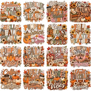 May include: Sixteen autumn-themed graphic designs featuring pumpkins, sunflowers, and fall foliage. Each design uses warm colours like orange, brown, and yellow. The designs include phrases such as "Autumn Social Club" and "Fall is My Favorite".