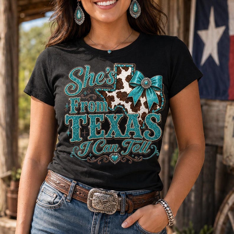 Puede incluir: Camiseta negra con el texto "She's From TEXAS I Can Tell" en letras turquesas brillantes. El dise&ntilde;o incluye un contorno en forma de Texas con un estampado de piel de vaca y un lazo turquesa.
