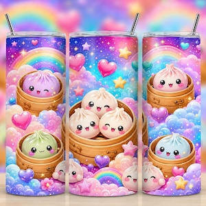 Diseño de vaso con forma de dumpling kawaii PNG, vaso delgado de 20 oz para sublimación, lindo diseño de taza de dim sum, arte culinario con purpurina de arcoíris pastel, dumpling PNG