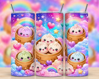 Kawaii Dumpling Tumbler Wrap PNG, 20oz Skinny Tumbler Sublimation, Cute Dim Sum Cup Design, Pastel Rainbow Glitter Food Art, Dumpling PNG
