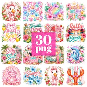 Puede incluir: Una colección de 30 imágenes PNG con temática de verano. Las imágenes presentan varios diseños, incluyendo conchas marinas, flores, escenas de playa y animales lindos. La paleta de colores es predominantemente rosa, azul y amarillo, con texto como "Sunshine on my mind" y "Salty Beach".