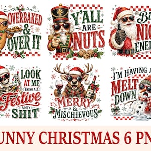 Peut inclure: Un ensemble de six motifs graphiques sur le th&egrave;me de No&euml;l repr&eacute;sentant un bonhomme en pain d'&eacute;pice, un casse-noisette, le P&egrave;re No&euml;l, un squelette, un renne et un bonhomme de neige, tous portant des lunettes de soleil avec du texte humoristique.