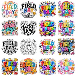 Può includere: Una collezione di design colorati "Field Day". Ogni design presenta le parole "Field Day" in vari font e stili, insieme a grafiche sportive come palloni da calcio, pallacanestro e medaglie. Alcuni design includono l'anno "2026".