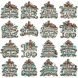 May include: A collection of sixteen digital graphic designs featuring religious phrases in teal and brown typography. Each design incorporates a wooden cross, pine branches, and western elements like cowboy hats or boots, accented with snowflakes.