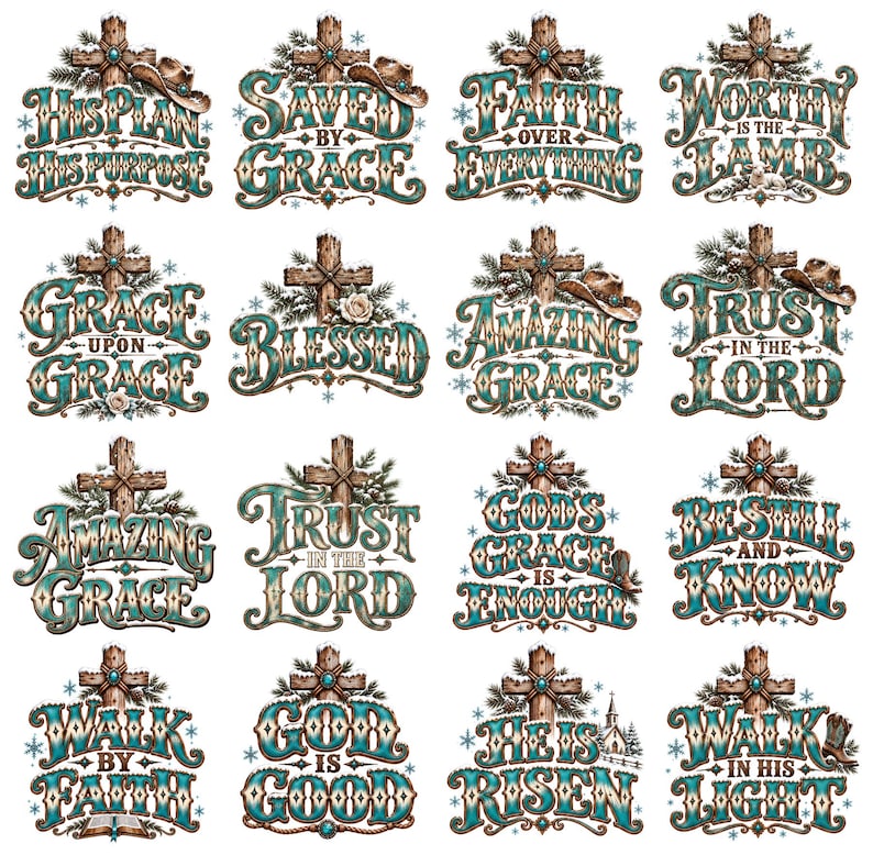 May include: A collection of sixteen digital graphic designs featuring religious phrases in teal and brown typography. Each design incorporates a wooden cross, pine branches, and western elements like cowboy hats or boots, accented with snowflakes.