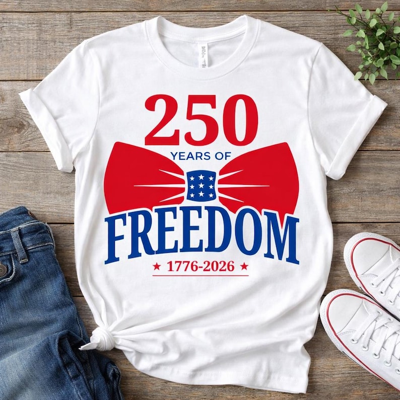 May include: White t-shirt with a patriotic design celebrating 250 years of freedom. The design features the number "250" in red, a red bow tie, and the word "FREEDOM" in blue, with the years "1776-2026" below. The shirt is paired with blue jeans and white sneakers.