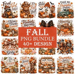 Höst PNG-paket 40+ designer, pumpasäsongssublimeringspaket, höstkokett-rosett PNG, gårdsfärsk pumpa-skjortadesign, höstskörd