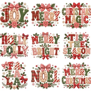 May include: A collection of nine festive digital designs featuring quilted-style lettering in red, green, and cream patterns. Each phrase, including JOY, MERRY CHRISTMAS, HOLLY JOLLY, MERRY & BRIGHT, TIS THE SEASON, FA LA LA, and NOEL, is decorated with bows, poinsettias, holly, and stars.