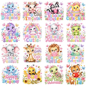 May include: A collection of sixteen square illustrations featuring cartoon animals including a dragon, cow, skunk, chick, dinosaur, unicorn, elephant, turtle, giraffe, lion, and tiger, each surrounded by flowers and text like Cute But Dragoney.