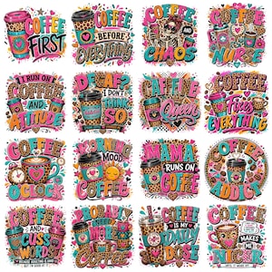 Puede incluir: Una colección de dieciséis ilustraciones digitales coloridas con tazas de café, patrones de leopardo y frases como Coffee First, Coffee Chaos, Coffee Nurse, Coffee Fixes Everything, Coffee Addict y Coffee Is My Daily Dose.