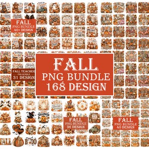 Op de afbeelding: Een digitale collectie van herfst-thema grafische ontwerpen met pompoenen, bladeren, kabouters, geesten en seizoensgebonden tekst. De afbeelding toont meerdere in een raster gerangschikte illustraties in oranje, bruine en crèmekleurige tinten.