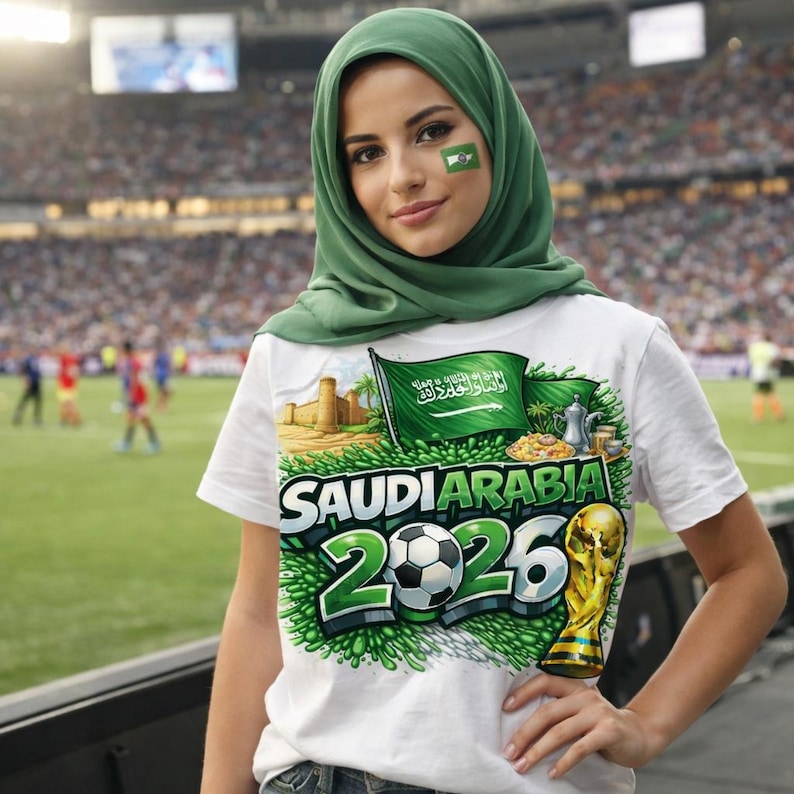 May include: A white t-shirt with a green and white graphic design featuring the Saudi Arabia flag, a soccer ball, and the text "SAUDI ARABIA 2026". The person is wearing a green hijab and has a Saudi Arabian flag on their cheek.