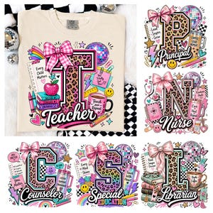May include: A beige t-shirt featuring a large letter T with a leopard print pattern, topped with a pink plaid bow. The design includes a stack of books, a red apple, a coffee mug labeled Teach Love Repeat, a disco ball, and the word Teacher.
