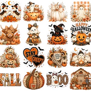 May include: A collection of Halloween-themed illustrations featuring pumpkins, ghosts, cats, and the text "Happy Halloween". The designs incorporate fall colors like orange, brown, and cream, with floral and bat accents. The word "FALL" is also displayed.