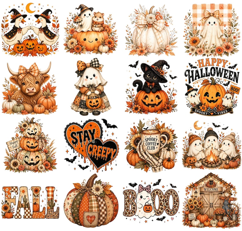May include: A collection of Halloween-themed illustrations featuring pumpkins, ghosts, cats, and the text "Happy Halloween". The designs incorporate fall colors like orange, brown, and cream, with floral and bat accents. The word "FALL" is also displayed.