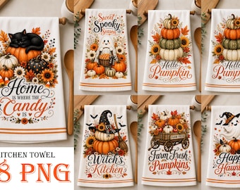 Halloween Kitchen Towel PNG Bundle, 28 Vintage Farmhouse Tea Towel Designs, Ghost Pumpkin PNG, Fall Sublimation Bundle, Funny Kitchen Towel
