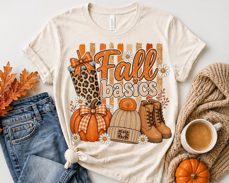 May include: Cream-colored t-shirt with the words "Fall basics" in orange and white. The design includes a pumpkin, a leopard print drink, a knit hat, boots, and daisies. A pair of blue jeans and a sweater are next to the shirt.