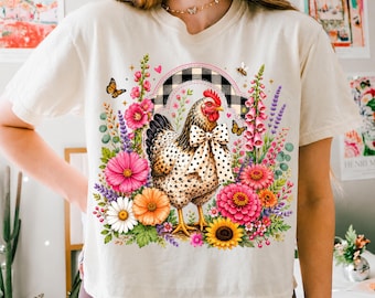Coquette Chicken PNG, Bloemenkip Sublimatie, Boerderij Kip Shirt Ontwerp, Buffelruit Strik, Cottagecore Boerderijdier Digitale Download