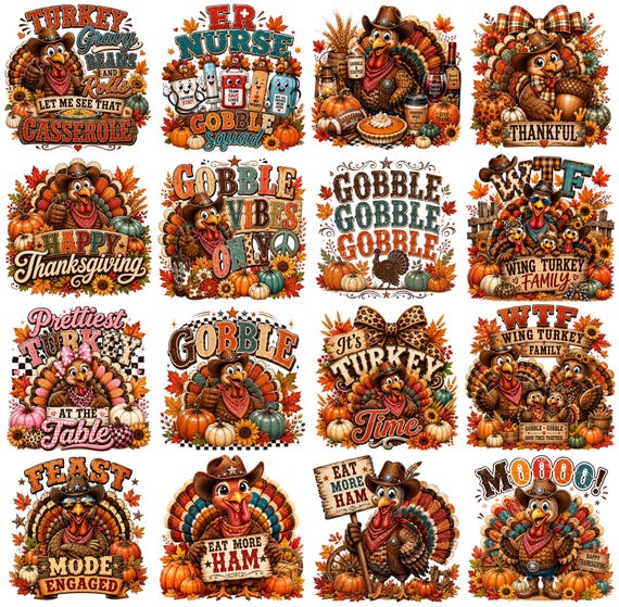 Thanksgiving PNG Bundle 17 Designs, Turkey PNG Bundle, Gobble Gobble PNG, Thanksgiving Sublimation, Funny Turkey Shirt, Fall png Download