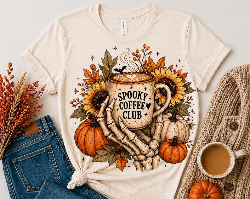 May include: Cream-colored t-shirt featuring a Halloween-themed design. The graphic includes a coffee mug with "Spooky Coffee Club" text, held by a skeleton hand, surrounded by pumpkins, sunflowers, and fall foliage.