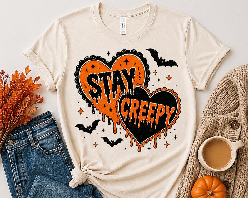 May include: Cream-colored t-shirt featuring a Halloween-themed design. The graphic includes two heart shapes, one orange and one black, with the words "STAY CREEPY" in dripping text. Bats and stars complete the spooky design.