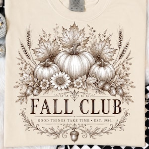 Jesienny klub PNG, sublimacja botaniczna dyni w stylu vintage, projekt koszulki z jesienną dynią, jesienne liście w stylu wiejskim PNG, przytulna jesień do pobrania w wersji cyfrowej