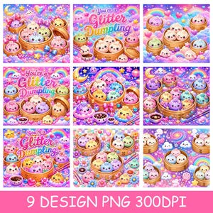 Dumpling Tumbler Wrap PNG, 20oz smal tumbler sublimering, kawaii glitter dumpling design, söt pastell regnbågsmuggwrap, foodie PNG,