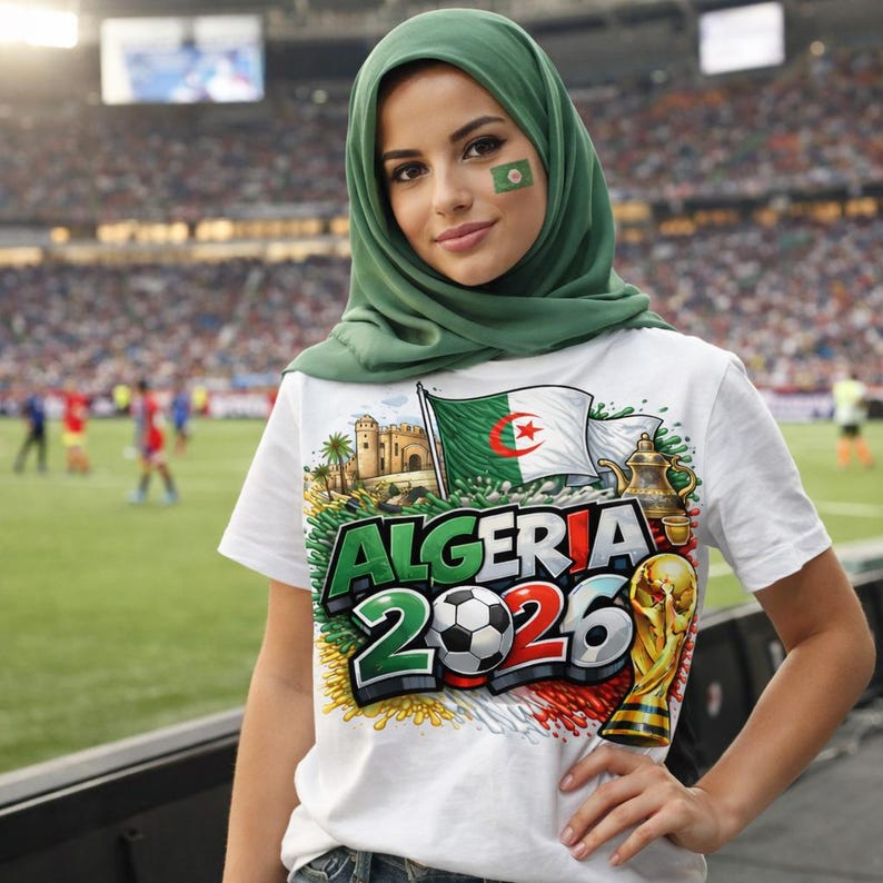 May include: A white t-shirt with a colorful graphic design featuring the Algerian flag, a soccer ball, and the text "Algeria 2026". The shirt also includes an image of a trophy and a castle. The person is wearing a green hijab.
