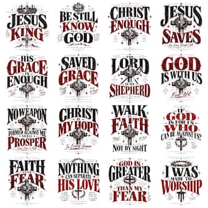 May include: A collection of sixteen graphic designs featuring Christian religious text and imagery. Each design incorporates a cross, a crown of thorns, and bold typography in black and dark red, displaying various biblical verses and phrases.