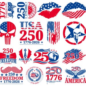 May include: A collection of patriotic designs in red, white, and blue, celebrating the 250th anniversary of the United States. Includes lips, a skull, a deer, and the text "1776-2026" and "America".