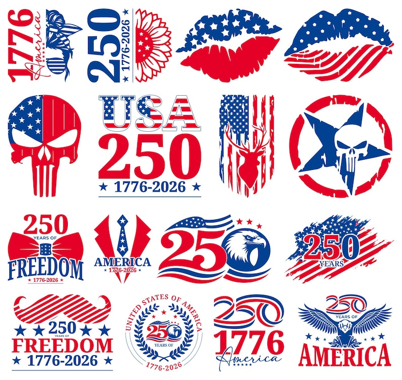 May include: A collection of patriotic designs in red, white, and blue, celebrating the 250th anniversary of the United States. Includes lips, a skull, a deer, and the text "1776-2026" and "America".