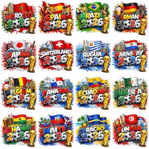 May include: A collection of colorful digital illustrations featuring flags, soccer balls, and the year 2026. Each design represents a different country, including Morocco, Spain, Brazil, Germany, Japan, Switzerland, Uruguay, and Paraguay.