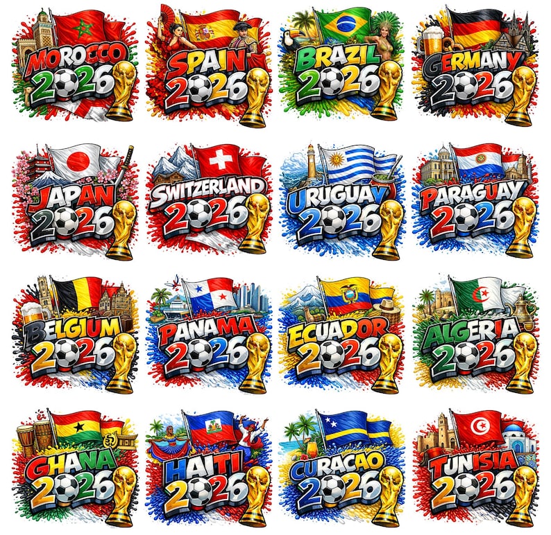 May include: A collection of colorful digital illustrations featuring flags, soccer balls, and the year 2026. Each design represents a different country, including Morocco, Spain, Brazil, Germany, Japan, Switzerland, Uruguay, and Paraguay.