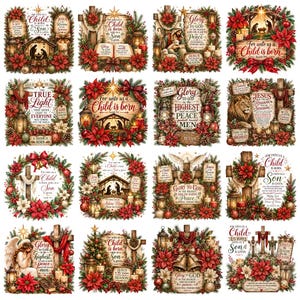 May include: A collection of sixteen square digital illustrations featuring religious Christmas themes, including nativity scenes, crosses, angels, and poinsettias, with various script text such as For unto us a Child is born and Glory to God.