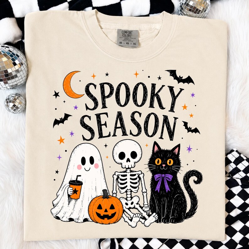 Spooky Season PNG, Cute Ghost Skeleton Black Cat PNG, Halloween Sublimation Design, Pumpkin Fall Shirt Design, Trendy Boutique PNG image 7