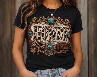 Howdy Western PNG, Cow Print Cowgirl Sublimation Design, Turquoise Star Western Bow, Rodeo Coquette Digital Download