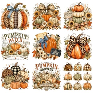 May include: A collection of digital illustrations featuring pumpkins with various patterns like leopard print, plaid, and polka dots, accented with sunflowers, bows, and autumn leaves, including text elements like Pumpkin Patch and Pumpkin Harvest.