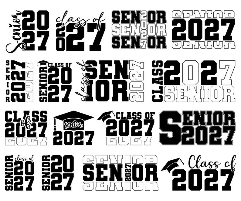 May include: A collection of black and white graphics with the text "Senior 2027" and "Class of 2027". The designs include graduation caps and various font styles, suitable for graduation-themed products.