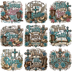 May include: A collection of nine digital illustrations featuring western-themed religious motifs. Each design incorporates turquoise-accented crosses, cowboy boots, hats, and floral arrangements with text including Jesus Loves Me, Faith, and Blessed.