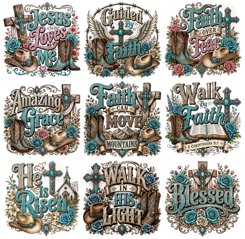 May include: A collection of nine digital illustrations featuring western-themed religious motifs. Each design incorporates turquoise-accented crosses, cowboy boots, hats, and floral arrangements with text including Jesus Loves Me, Faith, and Blessed.