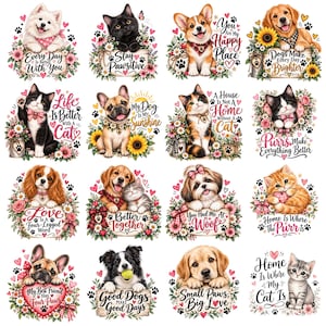 以下が含まれることがあります： 花のアレンジメント、ハート、足跡に囲まれた様々な猫や犬を描いた16種類のイラスト集。それぞれにペットや家庭生活に関するユニークで感動的なテキストフレーズが添えられています。