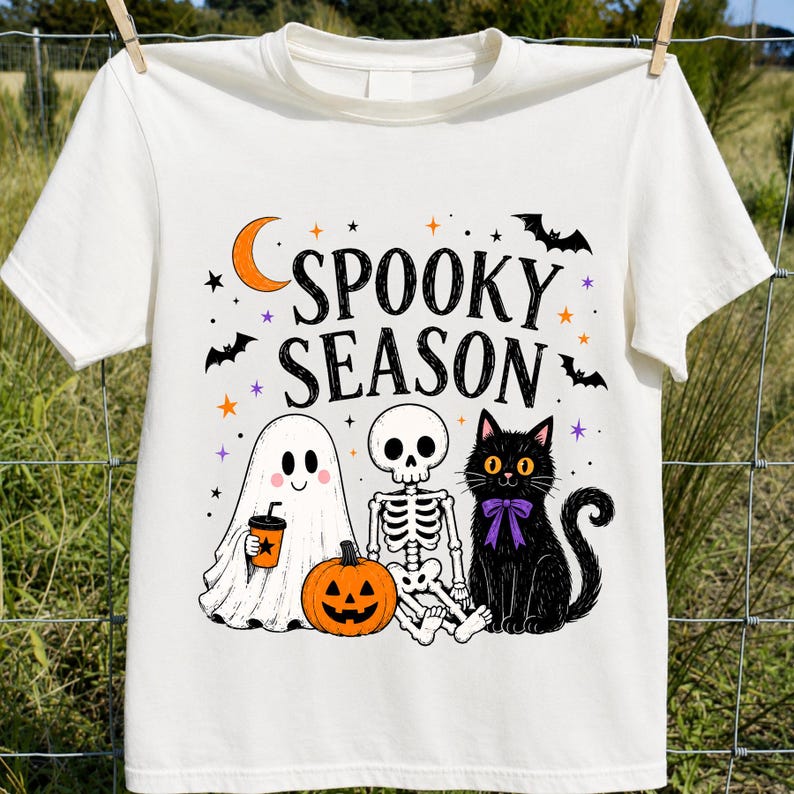 Spooky Season PNG, Cute Ghost Skeleton Black Cat PNG, Halloween Sublimation Design, Pumpkin Fall Shirt Design, Trendy Boutique PNG image 3