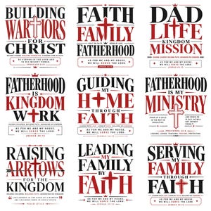 Peut inclure: Neuf graphiques avec des th&egrave;mes religieux. Chaque design pr&eacute;sente du texte en noir et rouge, avec des phrases comme "Building Warriors for Christ" et "Faith Family Fatherhood". Une croix est incluse dans chaque design.