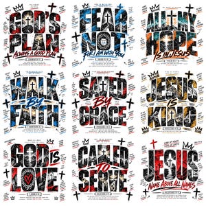 May include: A collection of nine graphic designs featuring bold typography and religious imagery. Each square panel displays Christian phrases like God's Plan, Fear Not, and Jesus Is King, integrated with mountain landscapes, crosses, and crowns.
