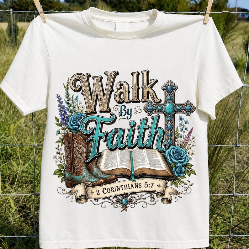 May include: A cream-coloured t-shirt featuring a graphic print with the text "Walk By Faith" and "2 Corinthians 5:7". The design includes a pair of brown and turquoise cowboy boots, an open book, a turquoise cross, and blue floral accents.