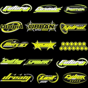 Puede incluir: Una colección de diseños de texto en amarillo neón y blanco sobre un fondo negro. Los diseños presentan palabras como "Future", "Cosmic", "Utopia" y "Urban Style" en un estilo futurista y retro. El texto está delineado con un brillo amarillo neón.