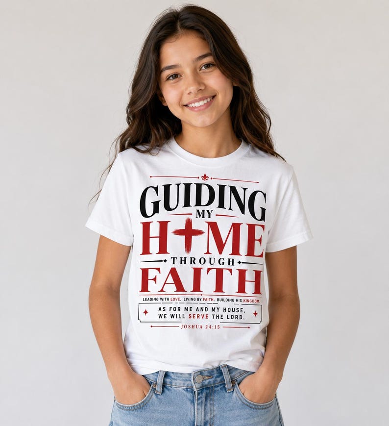 Peut inclure: T-shirt blanc avec le texte "GUIDING MY HOME THROUGH FAITH" en noir et rouge. Le t-shirt comprend &eacute;galement le verset biblique Josu&eacute; 24:15. La personne porte un jean bleu.