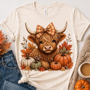 May include: Cream-colored t-shirt featuring a Highland cow with a plaid bow, surrounded by pumpkins and autumn leaves. The design has a fall theme, with warm colors and a cozy aesthetic. The shirt is paired with jeans and fall decor.